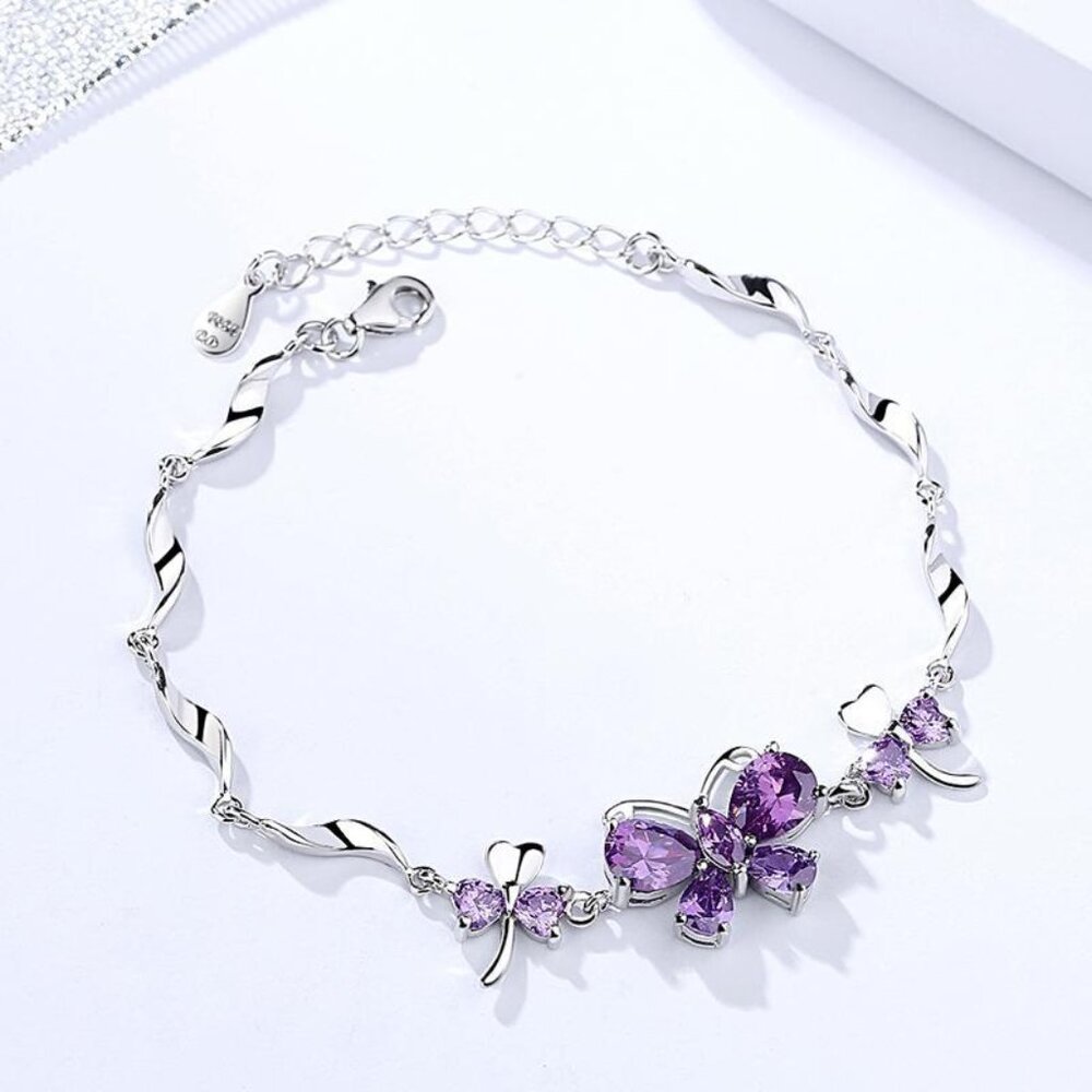 Butterfly Bracelet Sterling Silver and Genuine Amethyst, Purple, Green, Yellow